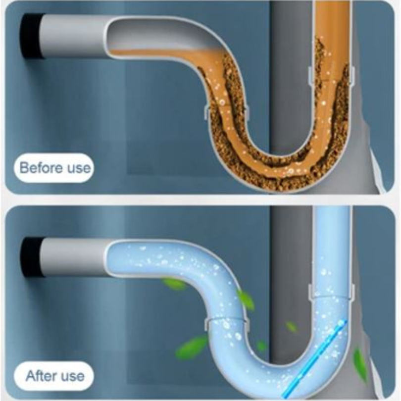 Abflussrohr vor und nach der Anwendung des DrainCleaner Reinigungsstäbchens