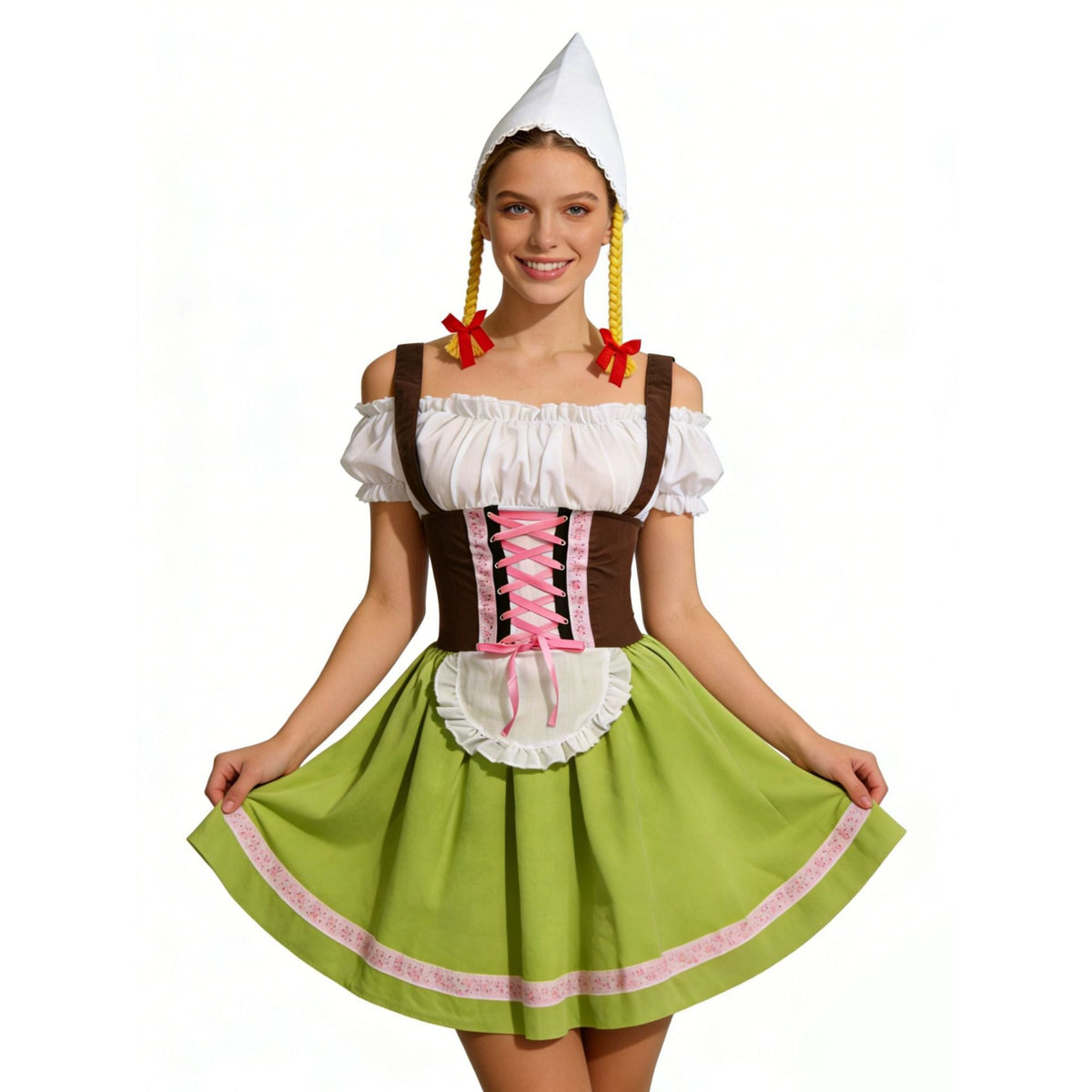 Dirndl Damen Oktoberfest Set, Dirndlkleid mit Schürze und Zipfelmütze