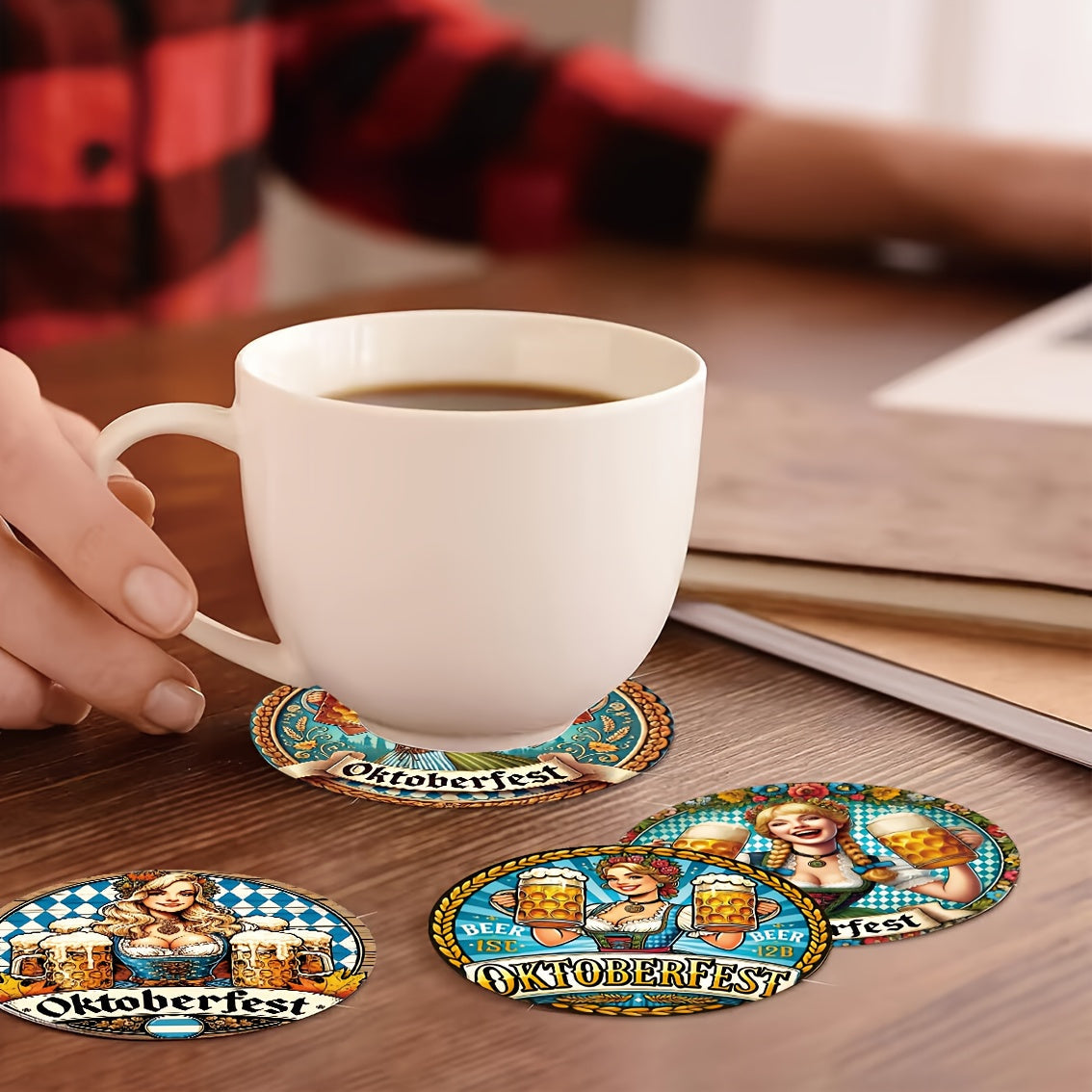Oktoberfest Tischdeko Holzuntersetzer-Set, Dirndl-Motiv 2x8 Stück