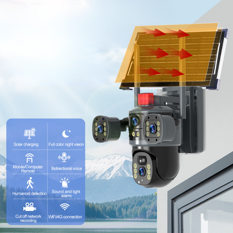 DomeCamera – Solarbetriebene Überwachungskamera mit Dreifachobjektiv, Schwarz