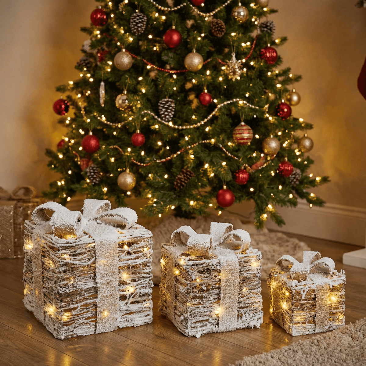 LED-Deko-Geschenkboxen mit Dekoschnee – 3er-Set