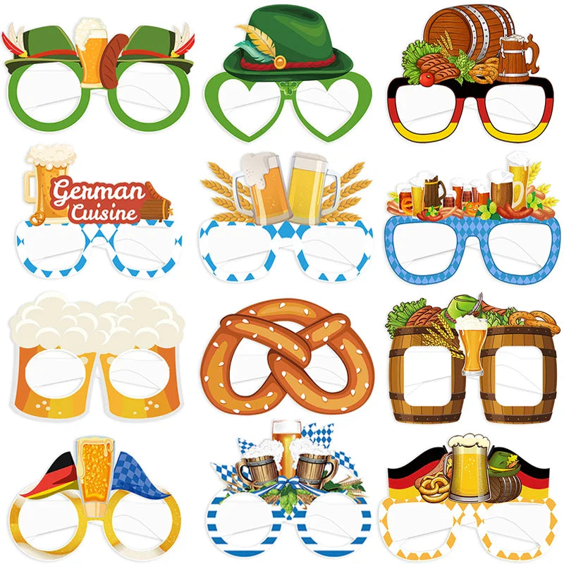 Oktoberfest Fotobrillen 12er-Set Papier, Partyaccessoire Bierkrug Brezel