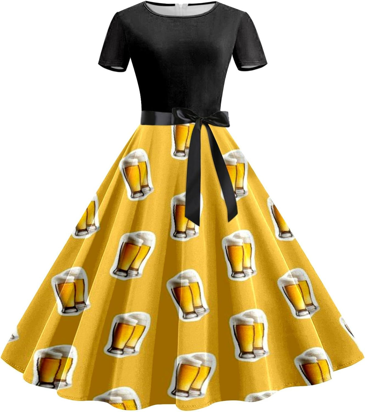 Dirndl Kleid Damen Oktoberfest, Bierkrug-Print mit Taillenband