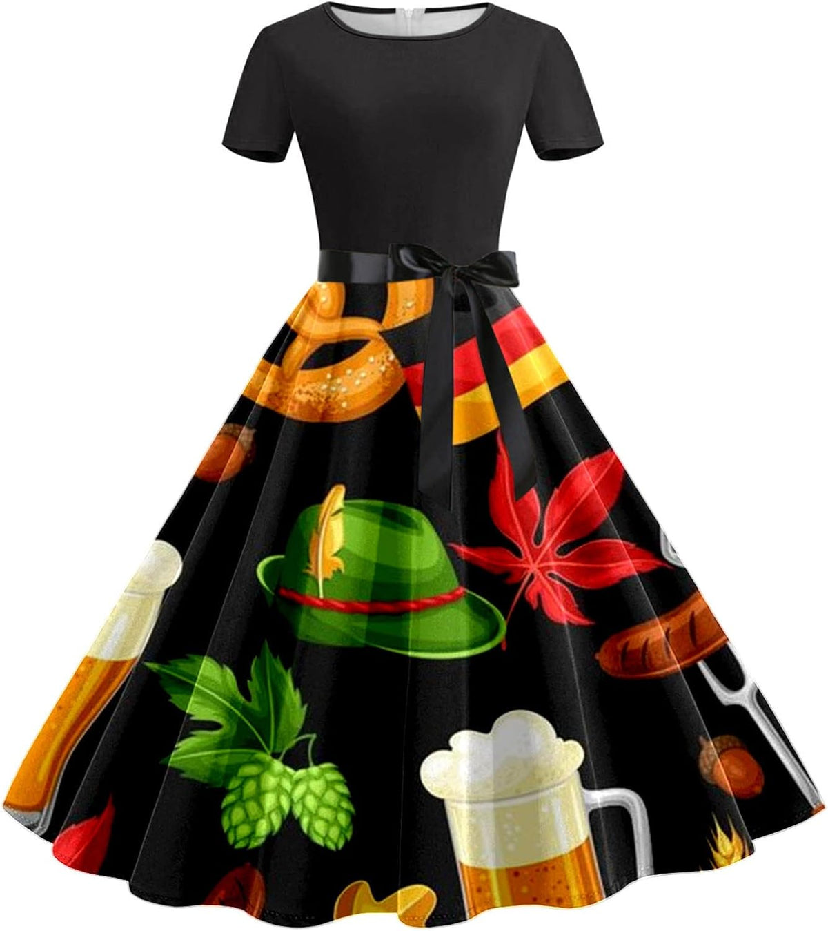 Dirndl Kleid Damen Oktoberfest, Bierkrug- & Brezn-Print