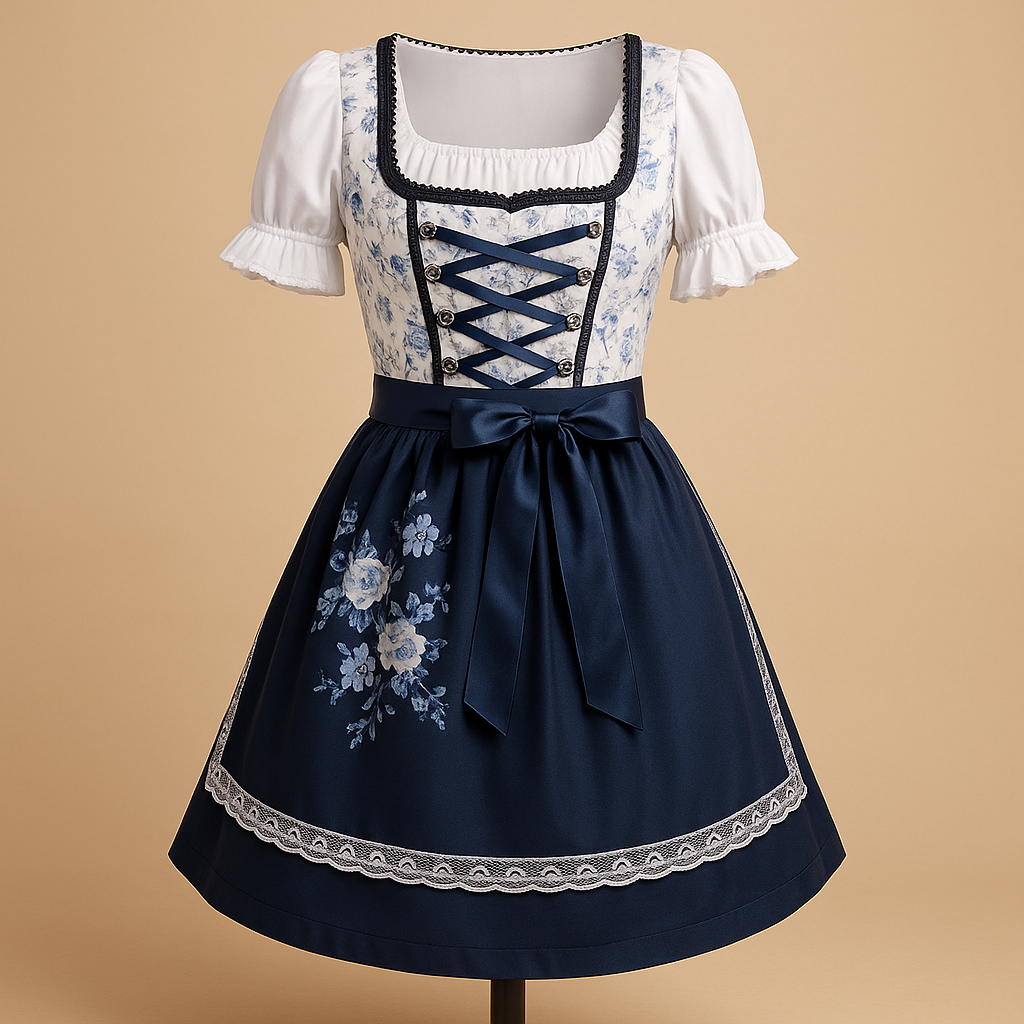 Dirndl Damen Oktoberfest, Trachtenkleid Spitzendetails Blau-Weiß Taillenschnitt