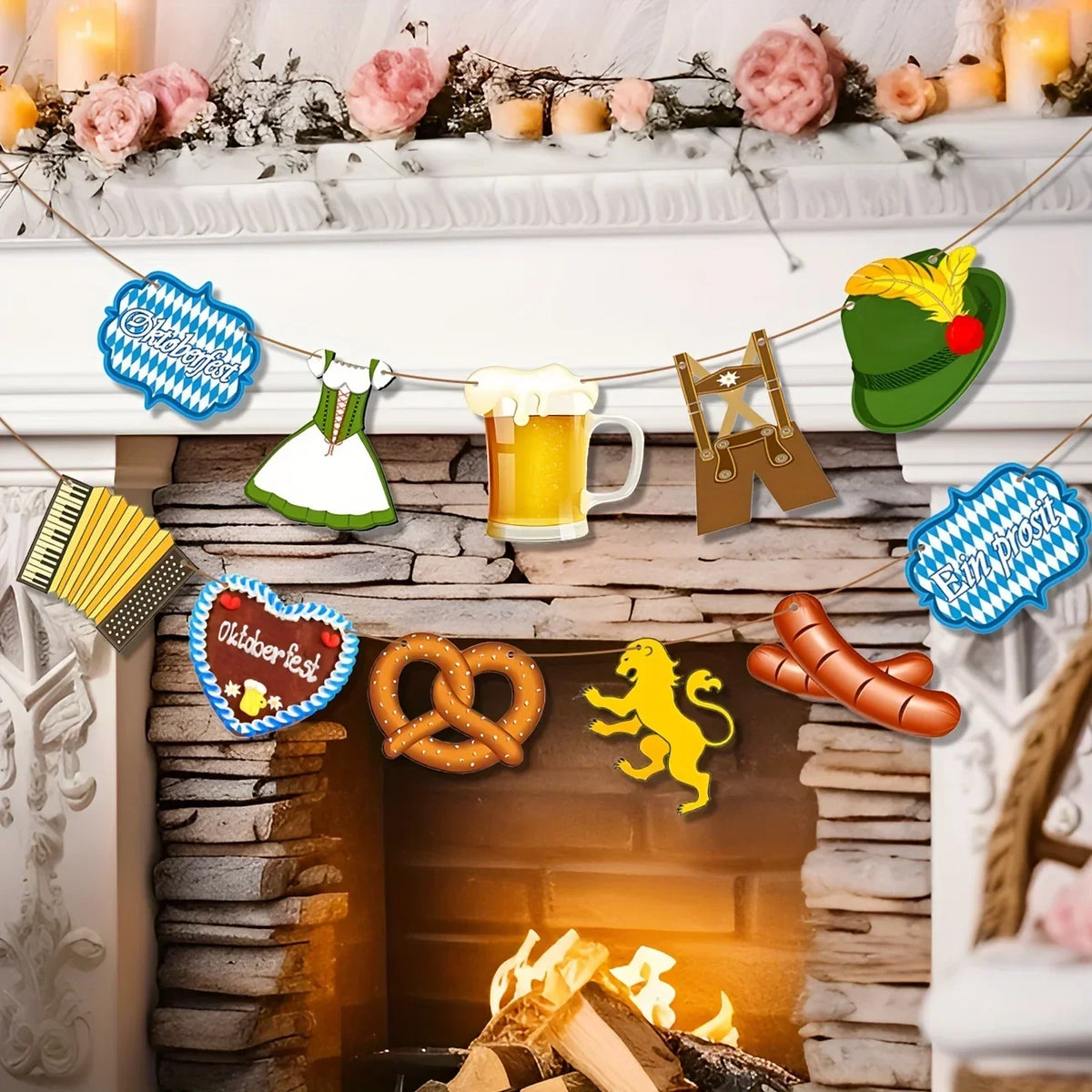 Oktoberfest Wimpelkette Bayerisch Blau-Kariert, Girlande Stoff