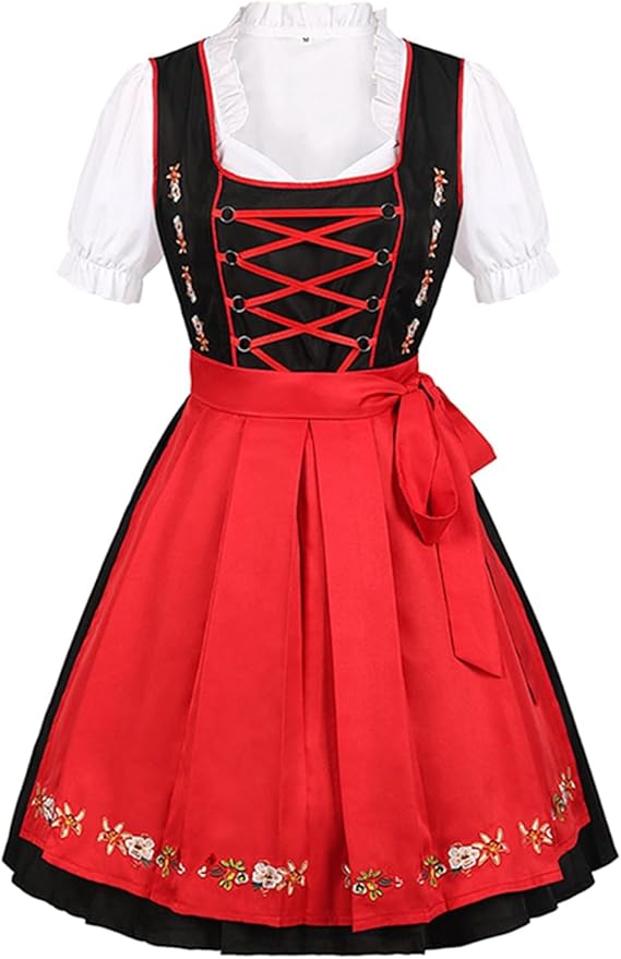 Dirndl Damen Oktoberfest Rot, Dirndlkleid Traditionell mit Schürze