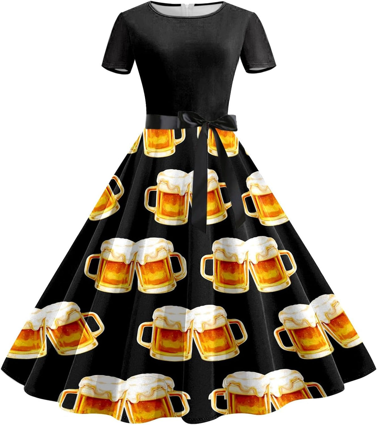 Dirndl Kleid Damen Oktoberfest, Bierkrug-Print mit Taillenband