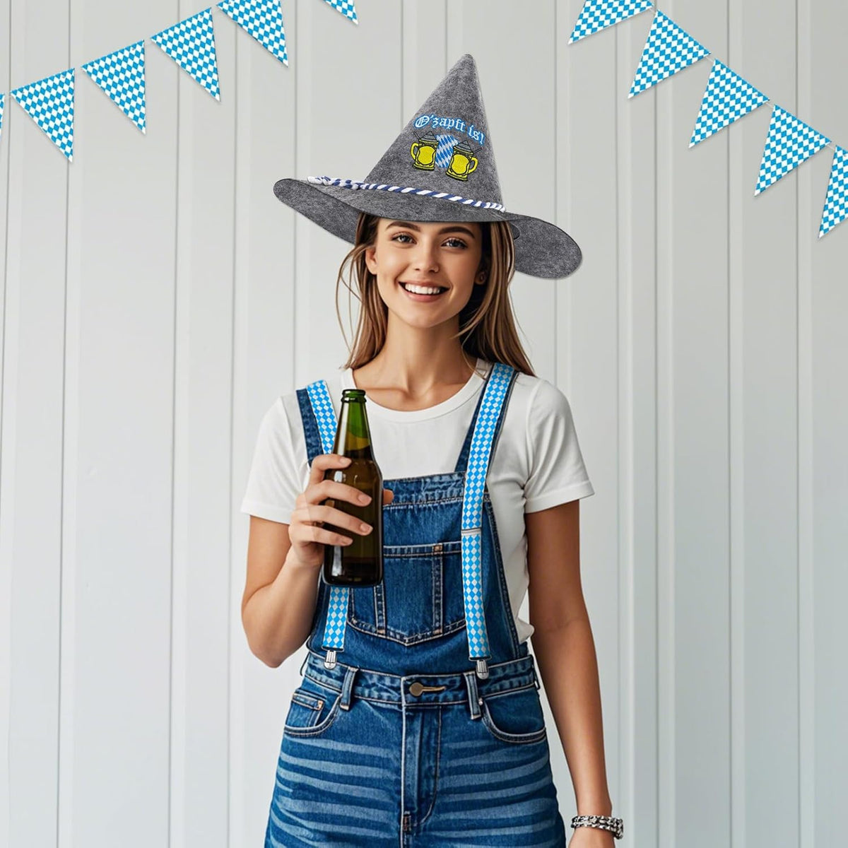 Trachten-Set Oktoberfest, Filzhut & Hosenträger Grau
