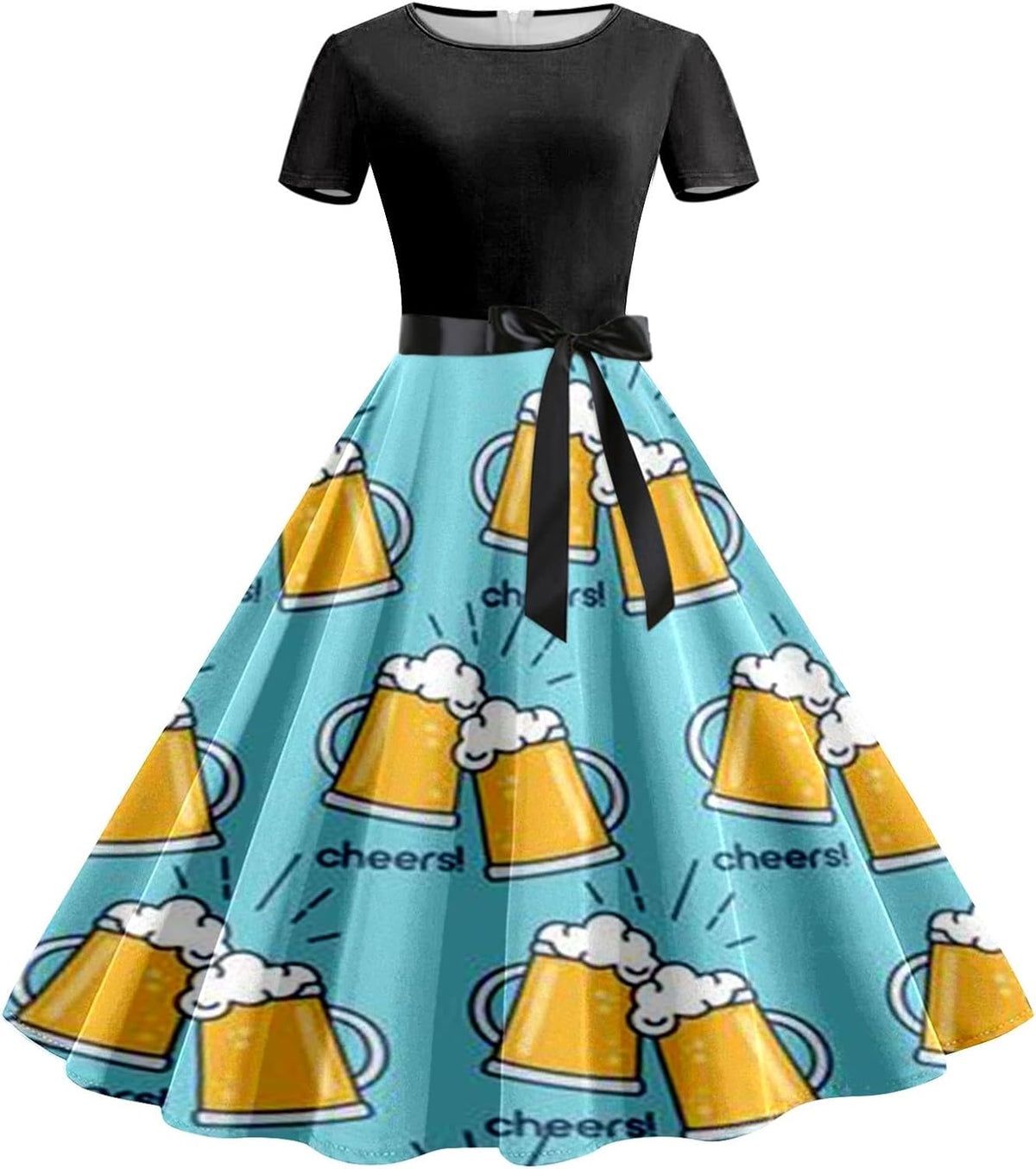 Dirndl Kleid Damen Oktoberfest, Bierkrug-Print mit Taillenband