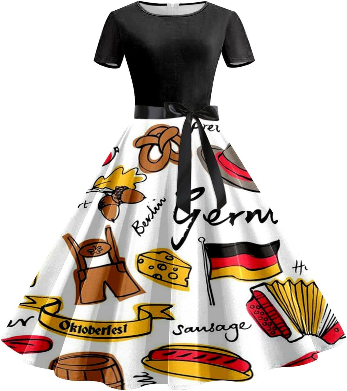 Dirndl Kleid Damen Oktoberfest, Bierkrug-Print mit Taillenband