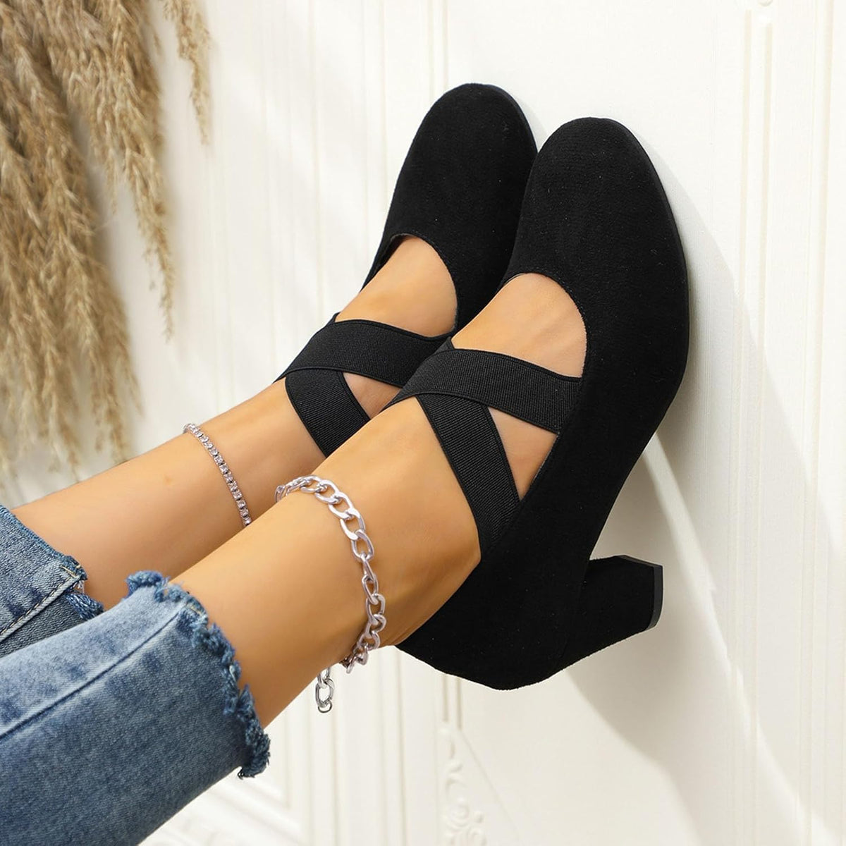 Trachtenschuhe Damen Oktoberfest, Samt Pumps mit Kreuzband