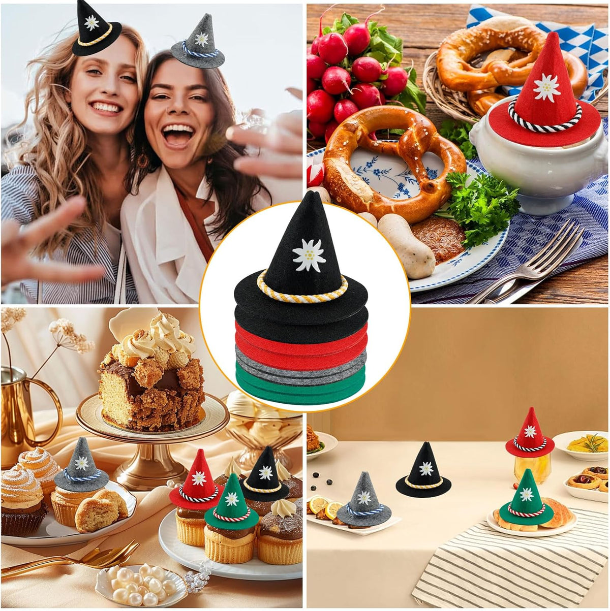 Oktoberfest Mini-Trachtenhüte Filz Bunt, Flaschendeko 12er-Set