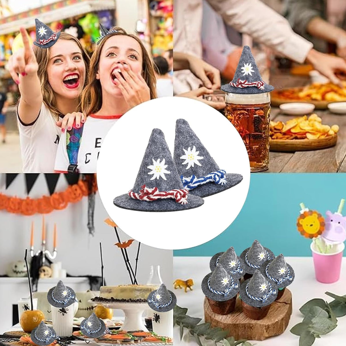 Oktoberfest Mini-Trachtenhüte Filz Grau, Flaschendeko 12er-Set