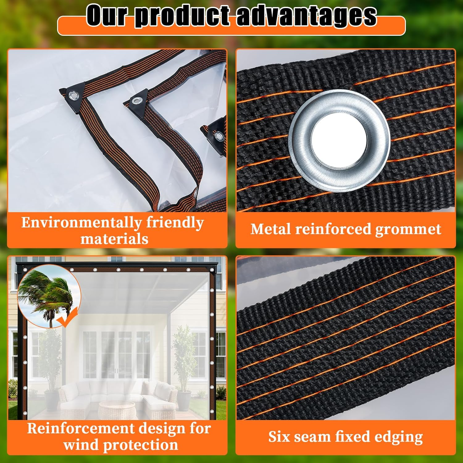 Produktvorteile der OutdoorCover Schutzplane: umweltfreundliches Material, verstärkte Metallöse, Windschutz-Verstärkung, sechsfach vernähte Kante