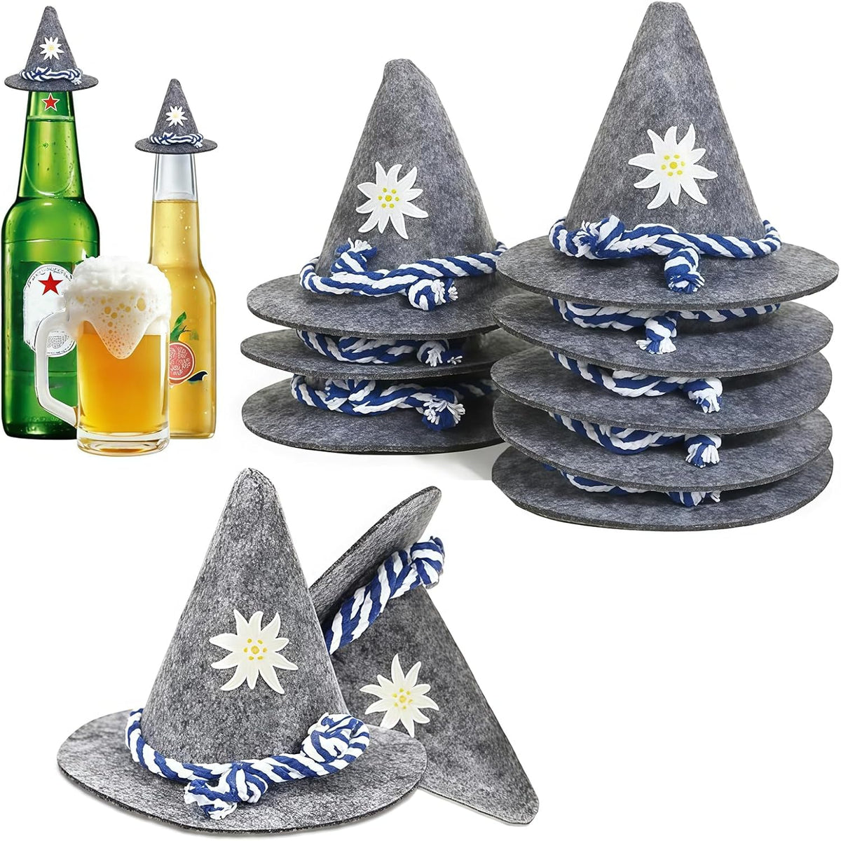 Oktoberfest Mini-Trachtenhüte Filz Grau, Flaschendeko 12er-Set