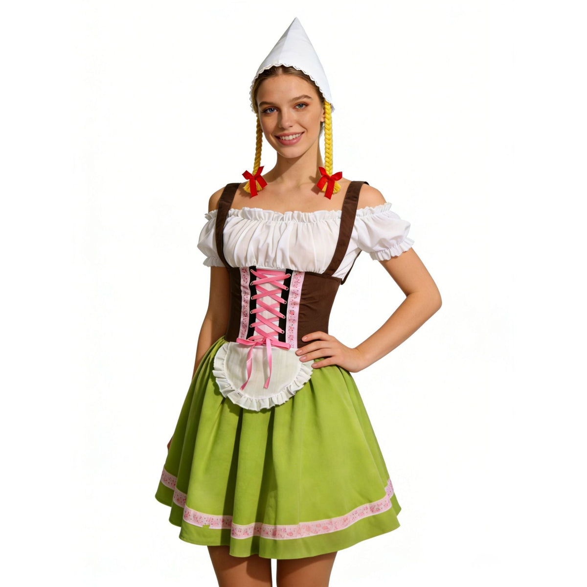 Dirndl Damen Oktoberfest Set, Dirndlkleid mit Schürze und Zipfelmütze
