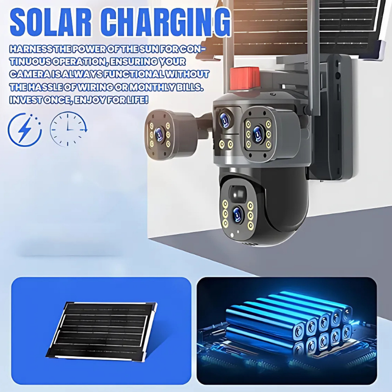 DomeCamera – Solarbetriebene Überwachungskamera mit Dreifachobjektiv, Schwarz