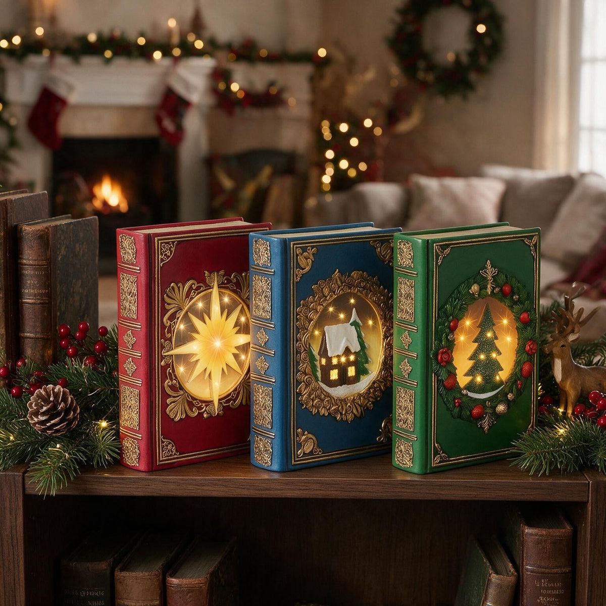 LED-Weihnachtsbücher Sparset – 3er-Set mit Goldprägung