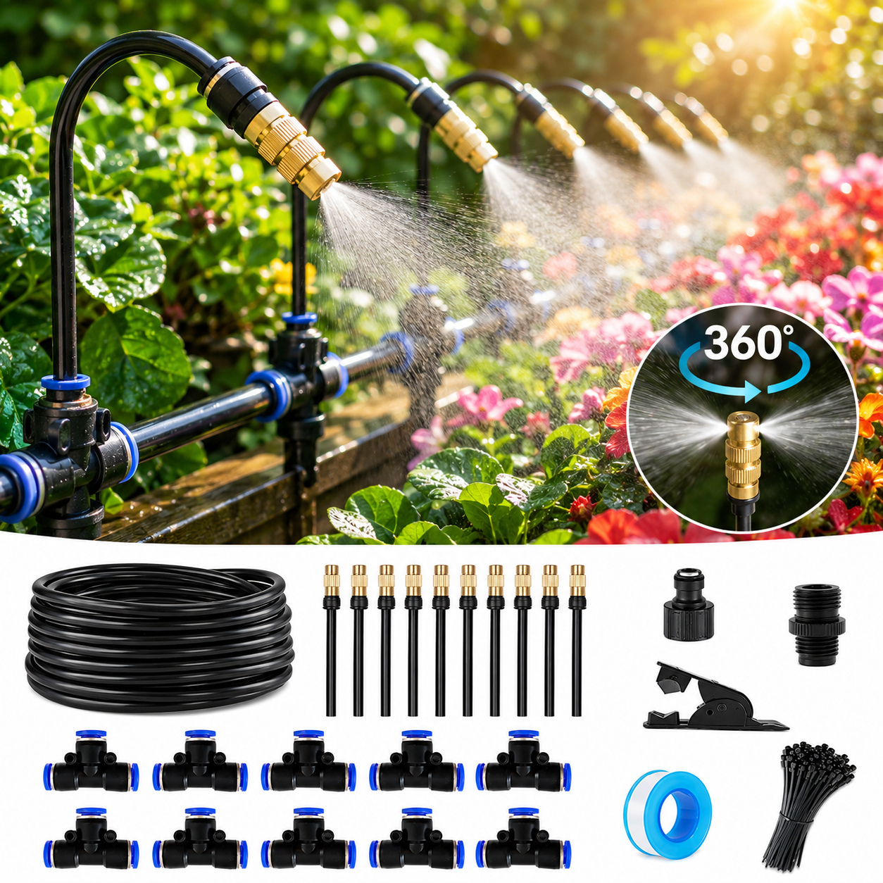 Gartenbewässerungssystem 360° mit Sprühdüsen & Schnellkupplung