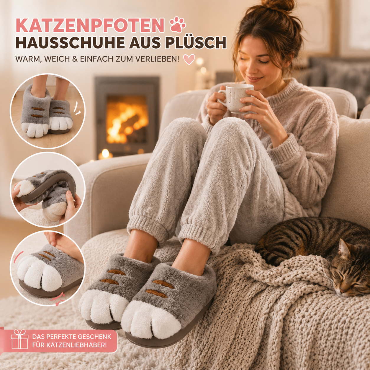 Katzenpfoten-Hausschuhe aus Plüsch