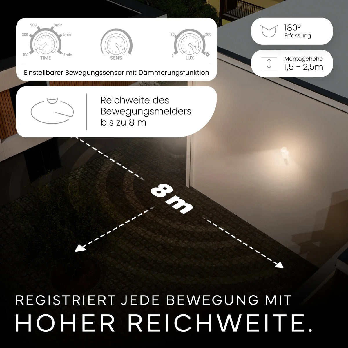 Wandleuchte WAVO mit Bewegungssensor 8m, IP44, Edelstahl