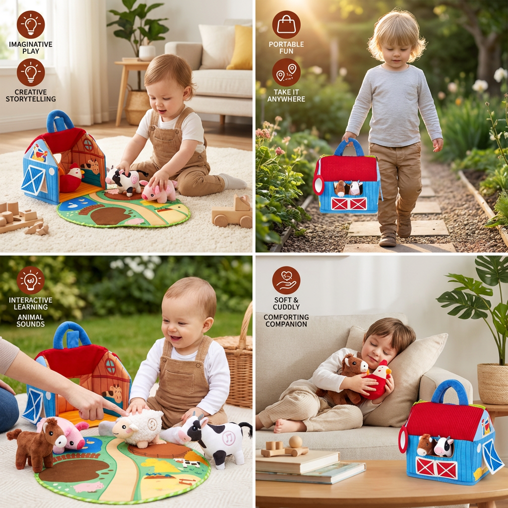 FarmPlayset Bauernhof-Spielzeug Kinder, Plüschtiere mit Tragbarem Spielhaus