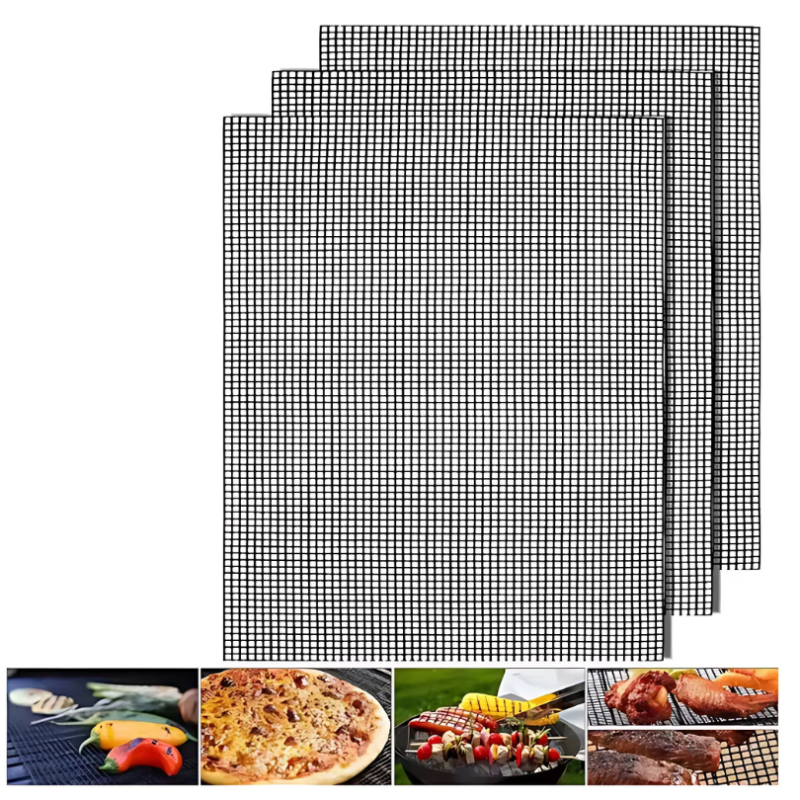 GrillNet Netzmatten mit Beispielen für Pizza, Gemüsespieße und Fleisch