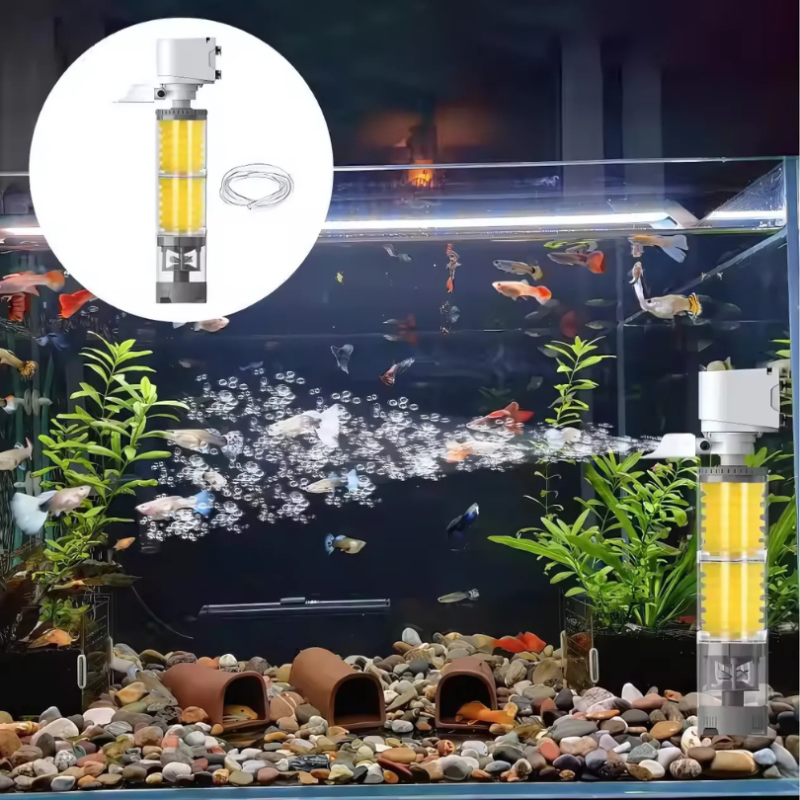 AquariumFilter im Einsatz in einem Guppy-Aquarium mit Detailansicht