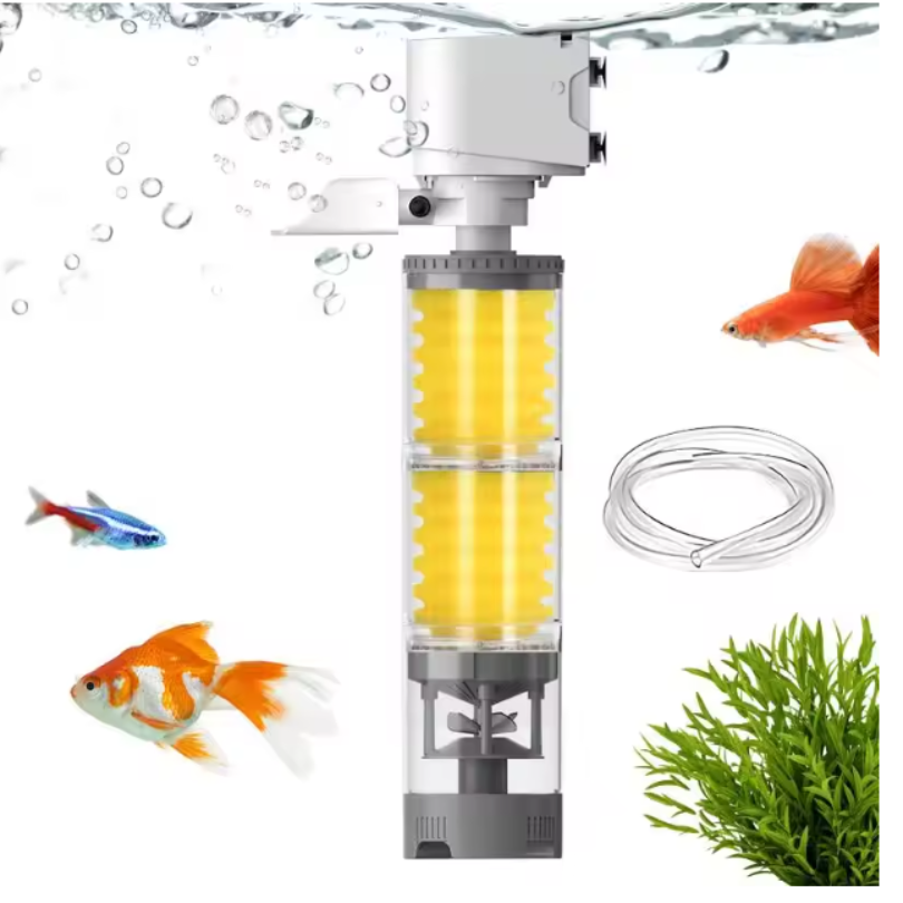 AquariumFilter unter Wasser mit Filterwatte-Kartuschen und Schlauch