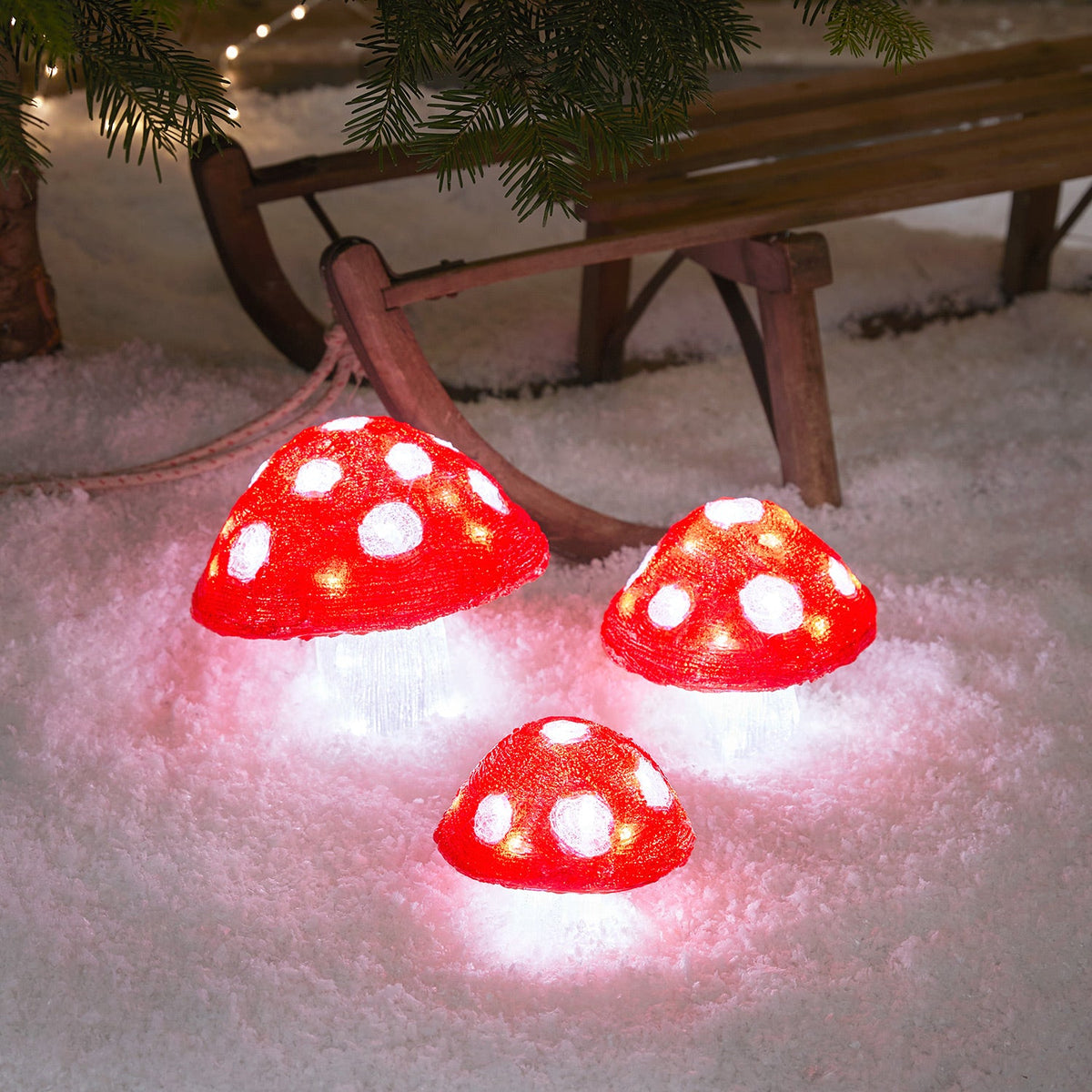 Acryl-Weihnachtsfiguren Fliegenpilze Außen – 3er Set