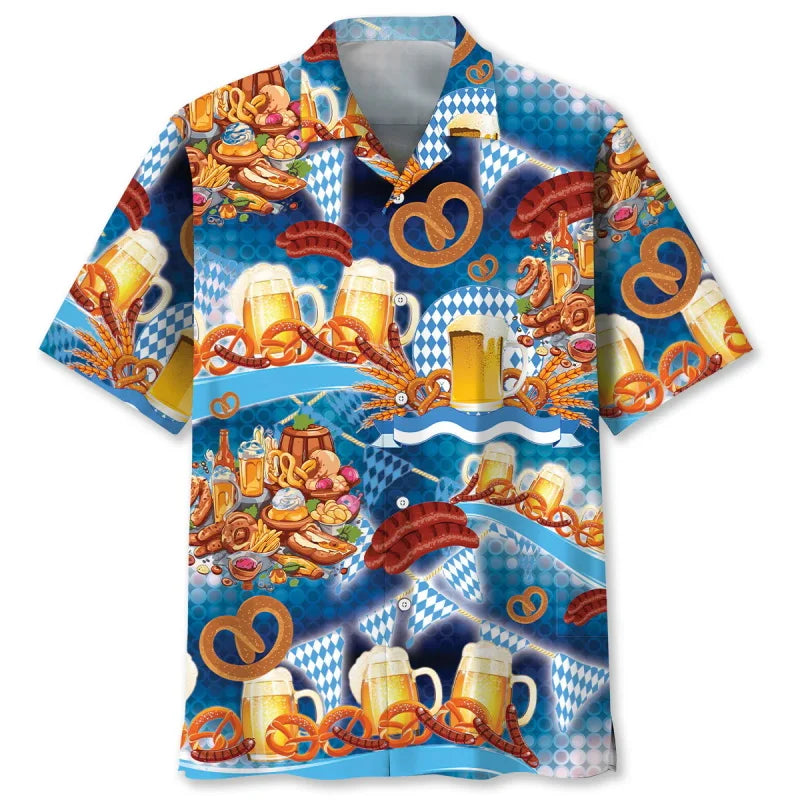 Oktoberfest Hemd Hawaii-Style, Bier- & Brezn-Muster Unisex