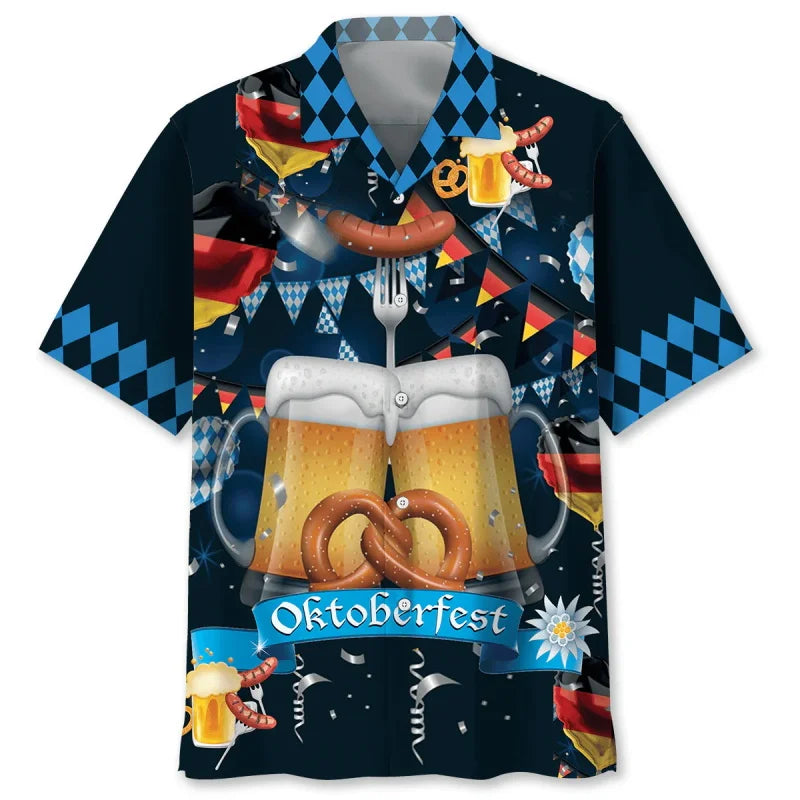 Oktoberfest Hemd Hawaii-Style, Bier- & Brezn-Muster Unisex