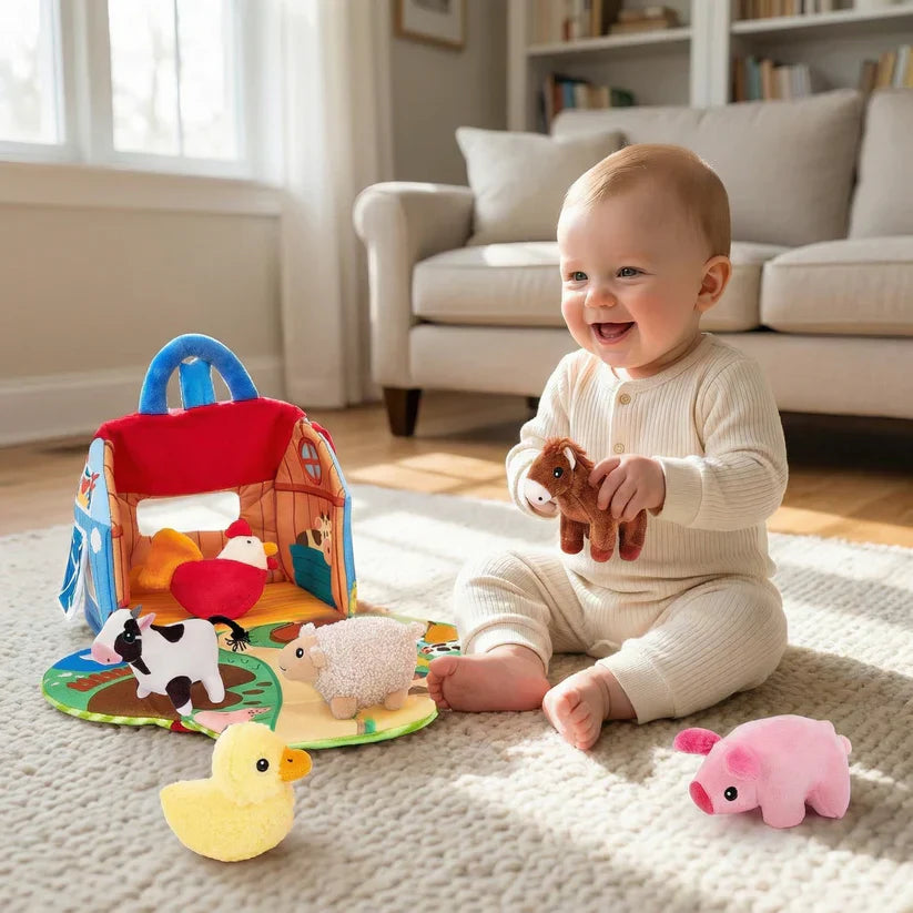 FarmPlayset Bauernhof-Spielzeug Kinder, Plüschtiere mit Tragbarem Spielhaus