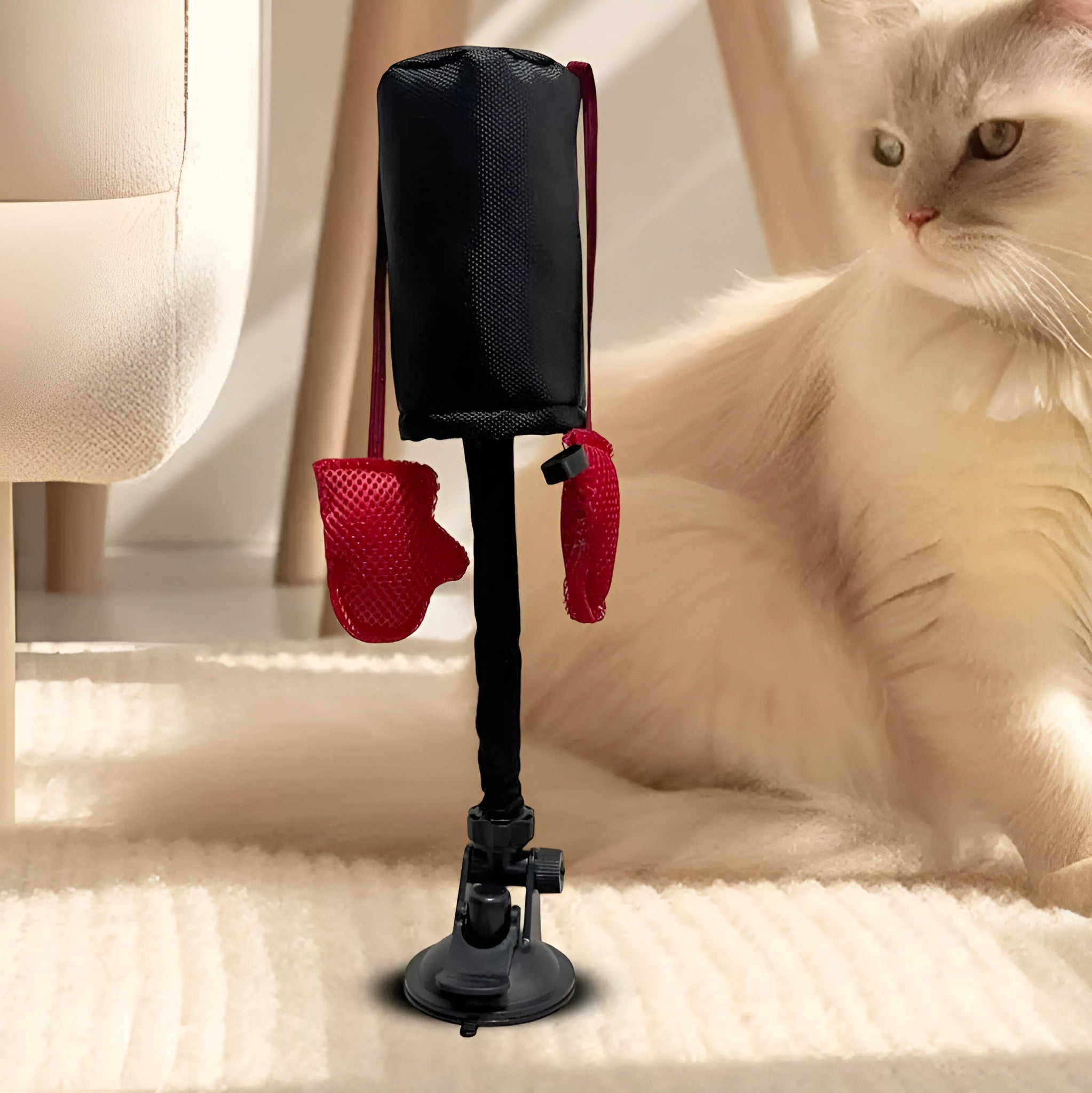 PunchingBag im Wohnzimmer neben Katze montiert