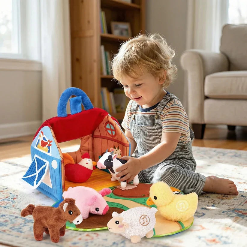 FarmPlayset Bauernhof-Spielzeug Kinder, Plüschtiere mit Tragbarem Spielhaus