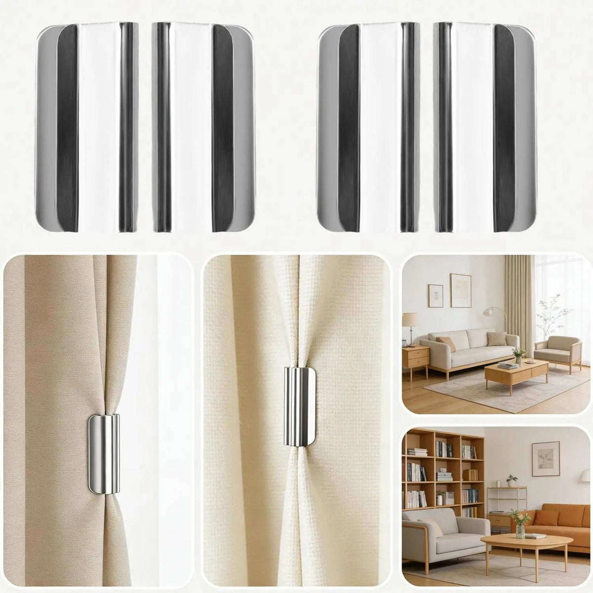 Magnetic curtain tiebacks, drill-free, set of 4