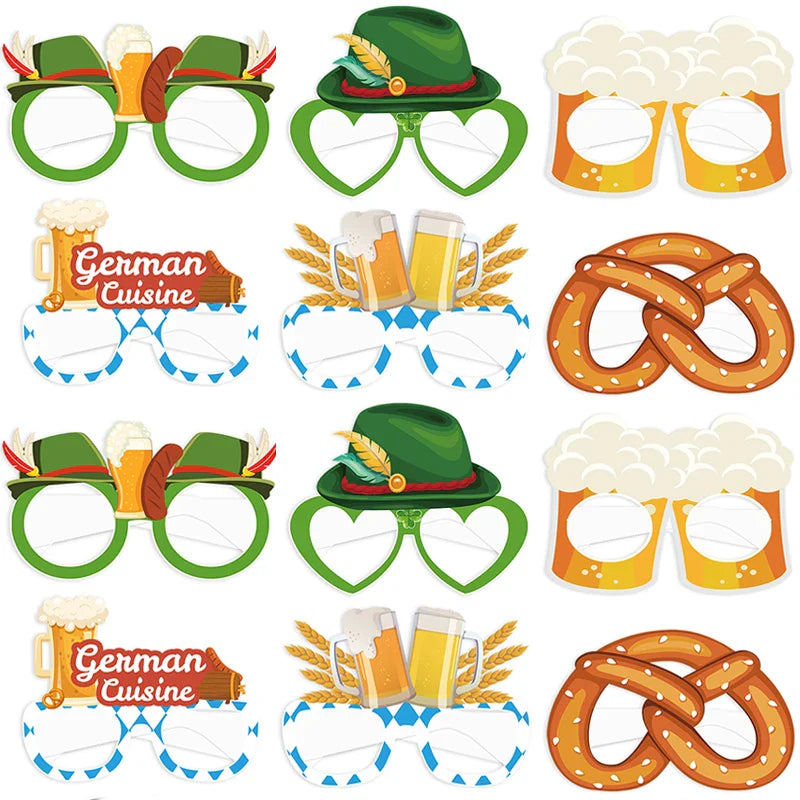 Oktoberfest Fotobrillen 12er-Set Papier, Partyaccessoire Bierkrug Brezel