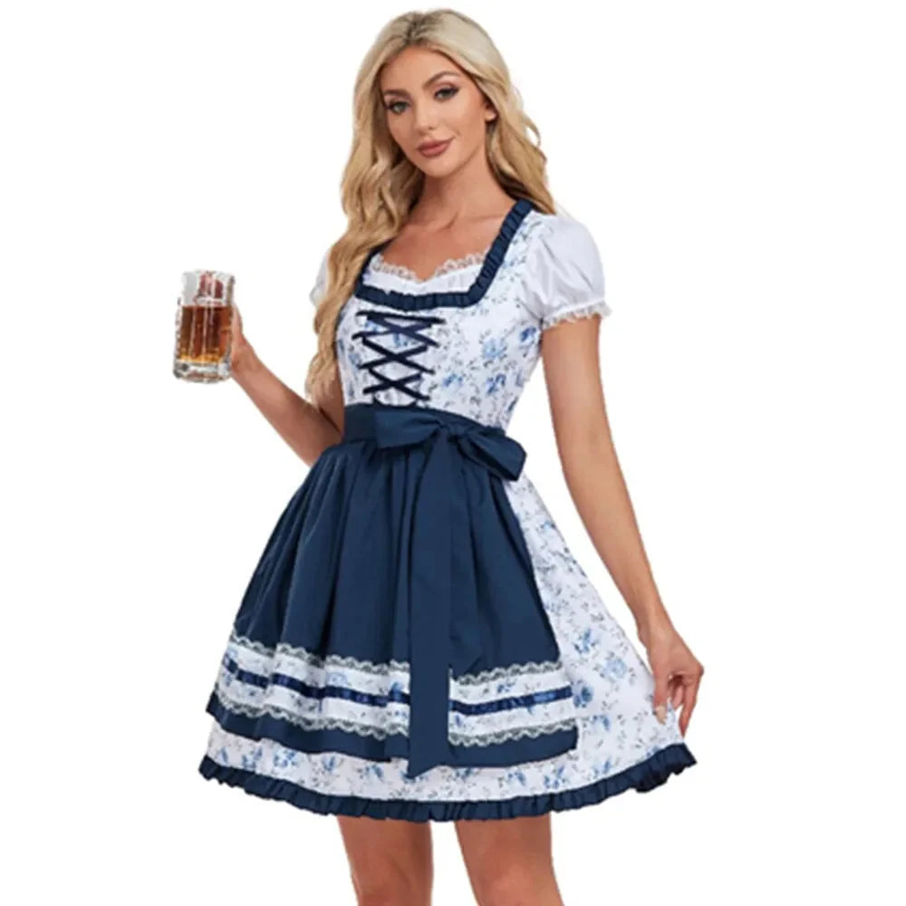 Dirndl Damen Oktoberfest Blau-Kariert, Dirndlkleid Traditionell mit Schürze