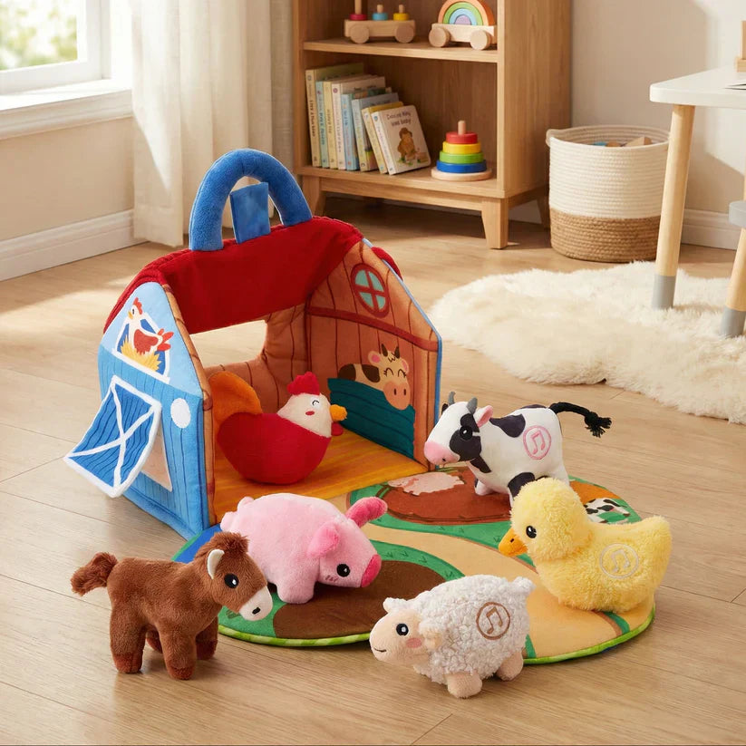 FarmPlayset Bauernhof-Spielzeug Kinder, Plüschtiere mit Tragbarem Spielhaus