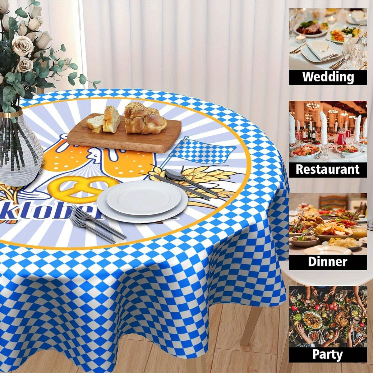 Oktoberfest Tischdecke Rund, Bayerisches Rautenmuster Polyester