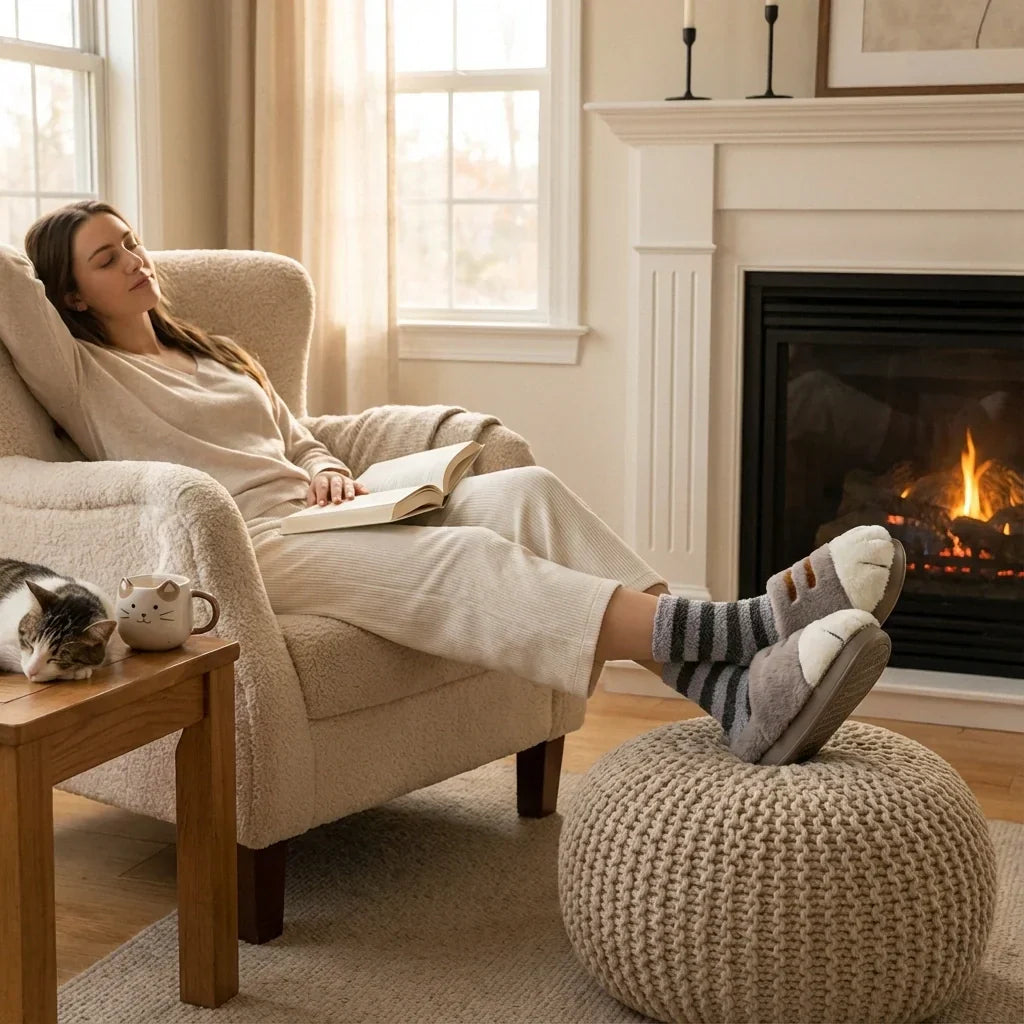 Happy PawSlippers am Kamin auf Fussbank