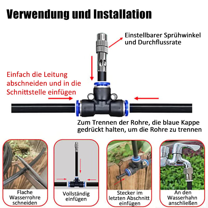 Flexibler Metallschlauch der Sprühdüse an Zaun befestigt