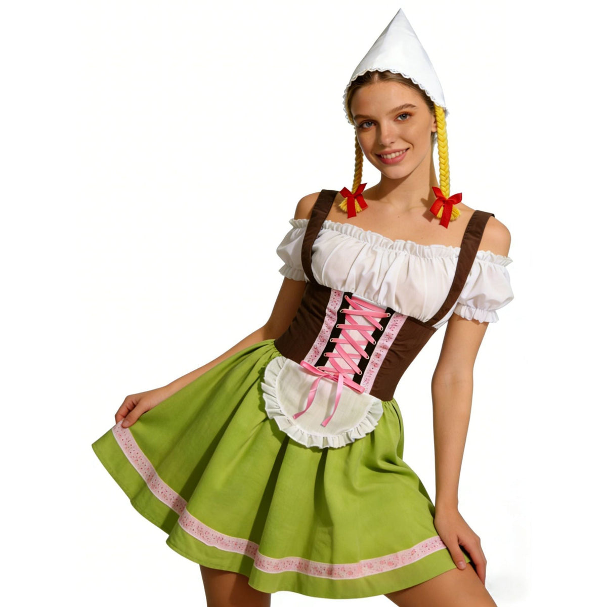 Dirndl Damen Oktoberfest Set, Dirndlkleid mit Schürze und Zipfelmütze