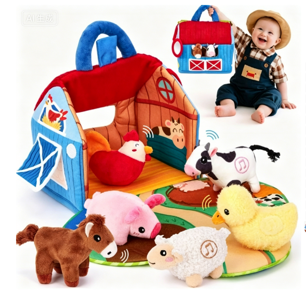 FarmPlayset Bauernhof-Spielzeug Kinder, Plüschtiere mit Tragbarem Spielhaus