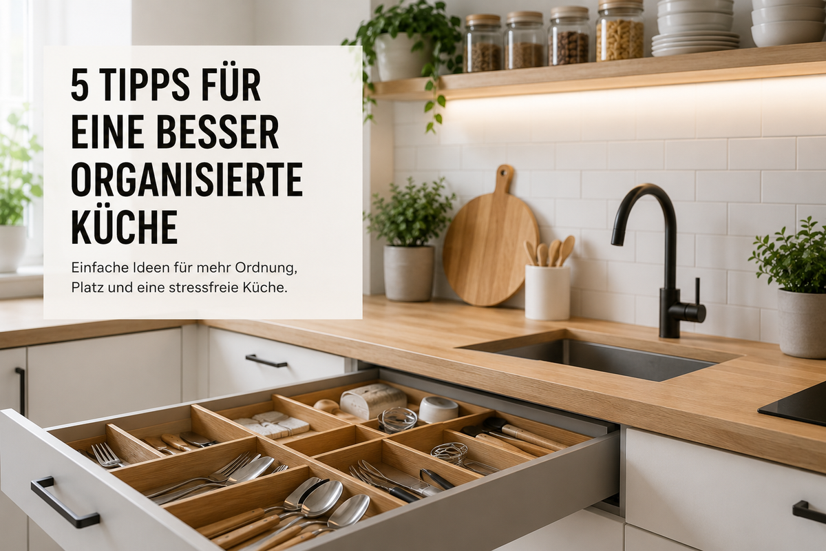 Organisierte moderne Küche mit praktischen Aufbewahrungslösungen