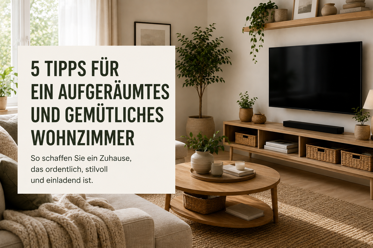 Aufgeräumtes und gemütliches Wohnzimmer mit praktischen Stauraumlösungen