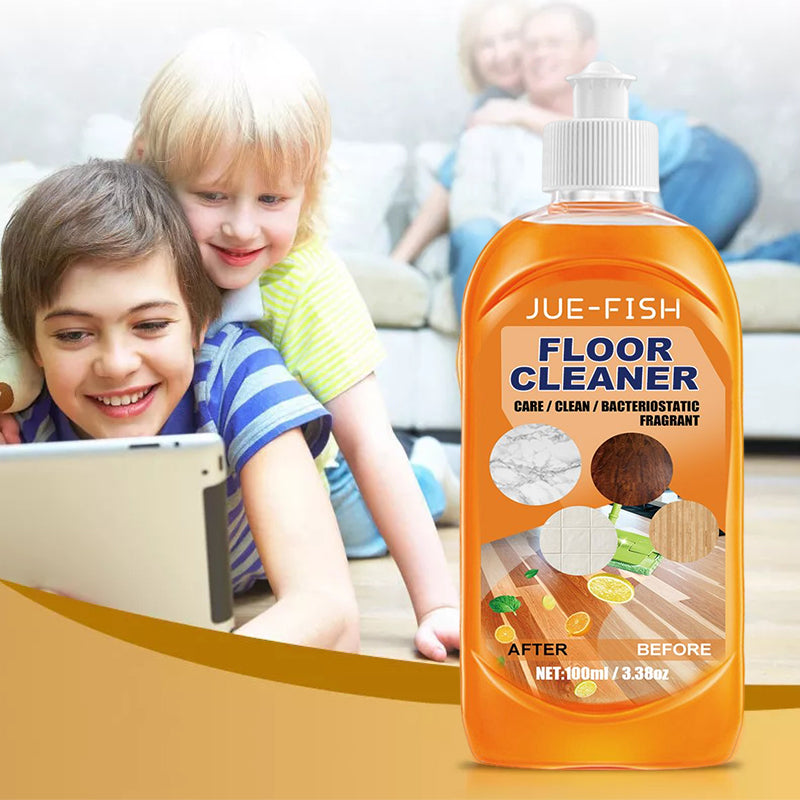 FloorCleaner Bodenreiniger Flasche, 100ml, orangefarbene Reinigungslösung, Familie im Hintergrund