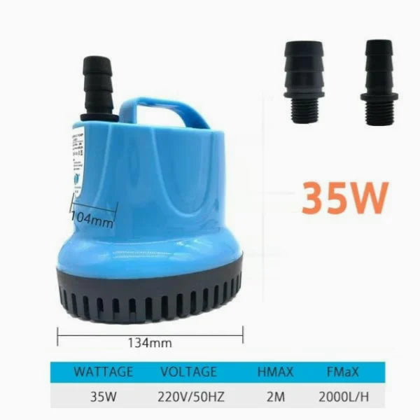 AquaPump Tauchpumpe 35W mit technischen Daten: 104mm, 220V/50Hz, 2m Förderhöhe, 2000L/H