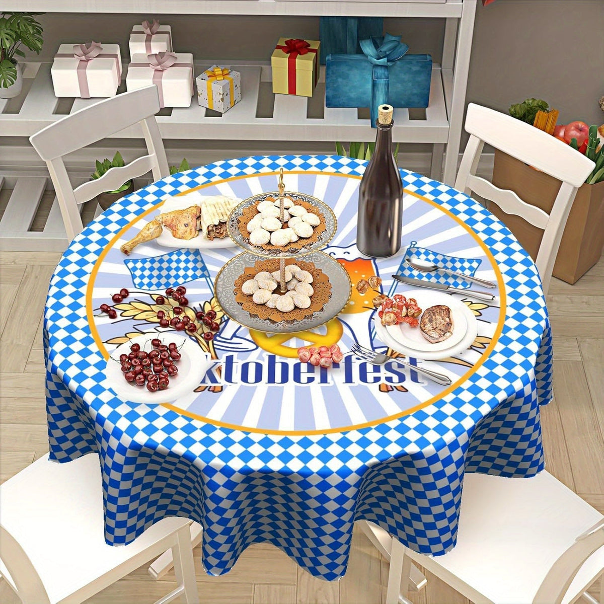 Oktoberfest Tischdecke Rund, Bayerisches Rautenmuster Polyester